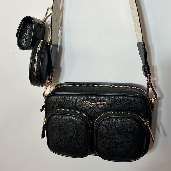 Michael Kors leather Jet Set travel crossbody black tech pocket pouches AirPods - Picture 7 of 12